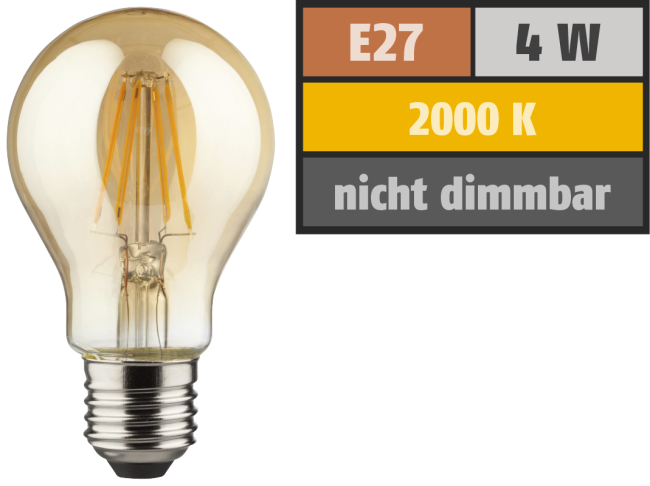 LED Filament Glühlampe, E27, 4W, 400lm, 2000K, warmweiß, gold
