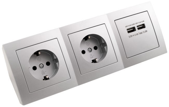 Steckdosenblock McPower Flair silber, 2-fach Steckdose + 2x USB
