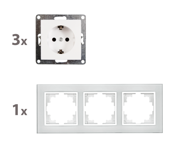 Steckdosen Set McPower Flair Beginner 3S-Style 4-teilig, weiß + Glasrahmen
